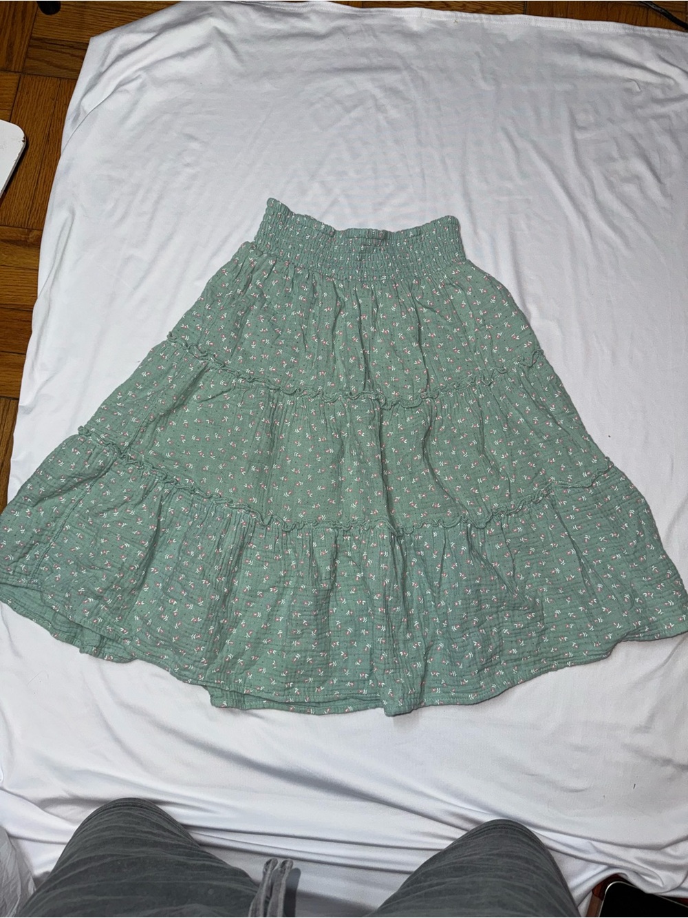 Tiered Green Floral Midi Skirt